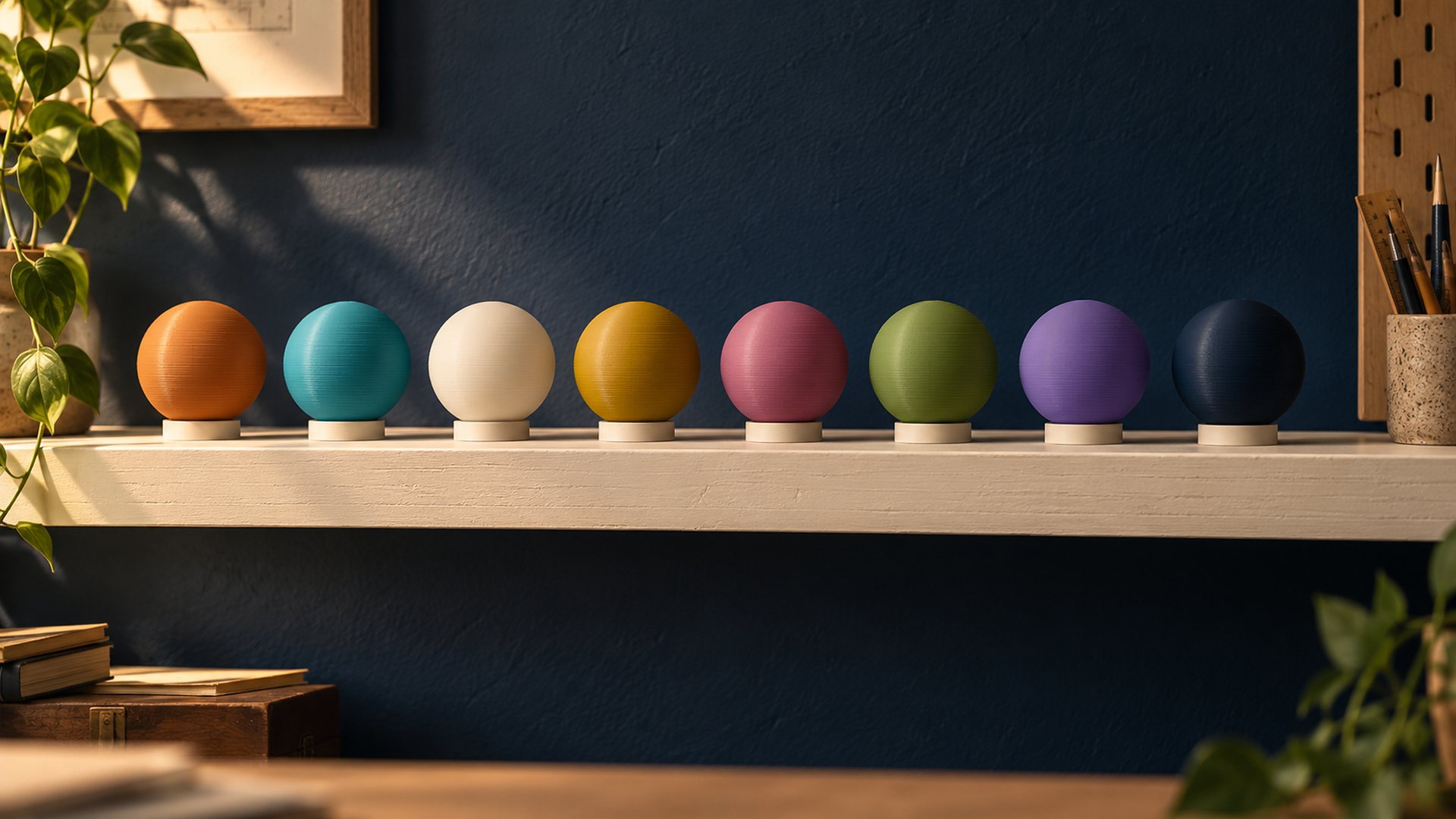 A cream shelf against a navy wall holding a row of matte 3D-printed spheres in eight colors