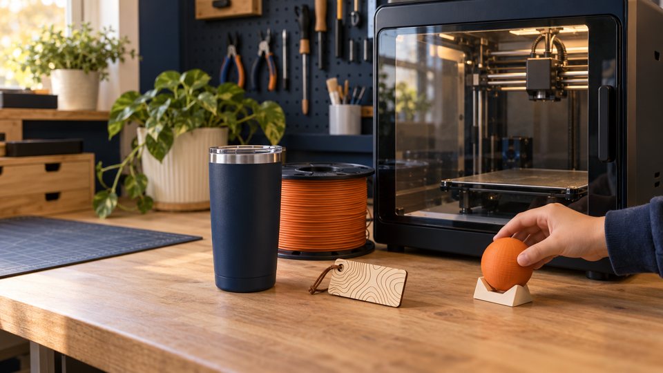 A tidy workbench with an enclosed 3D printer, an orange filament spool, an engraved tag, a navy tumbler, and a child's hand placing a printed sphere on a stand