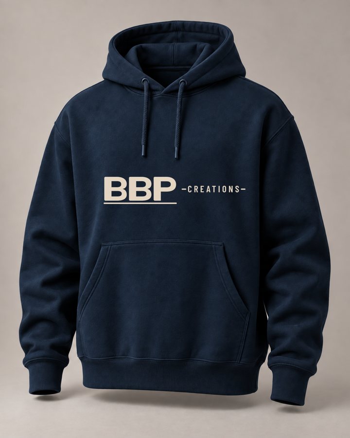 Navy hoodie with the BBP wordmark in cream