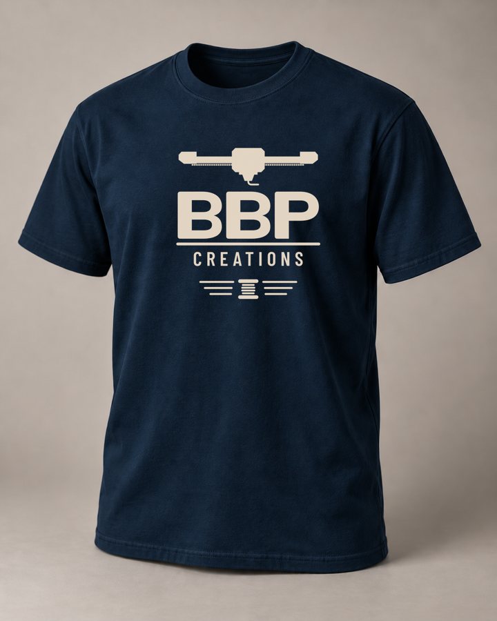 Navy t-shirt with the BBP Creations stacked logo in cream