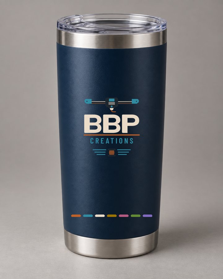 A navy 20 oz tumbler with the BBP logo and a band of seven filament colors